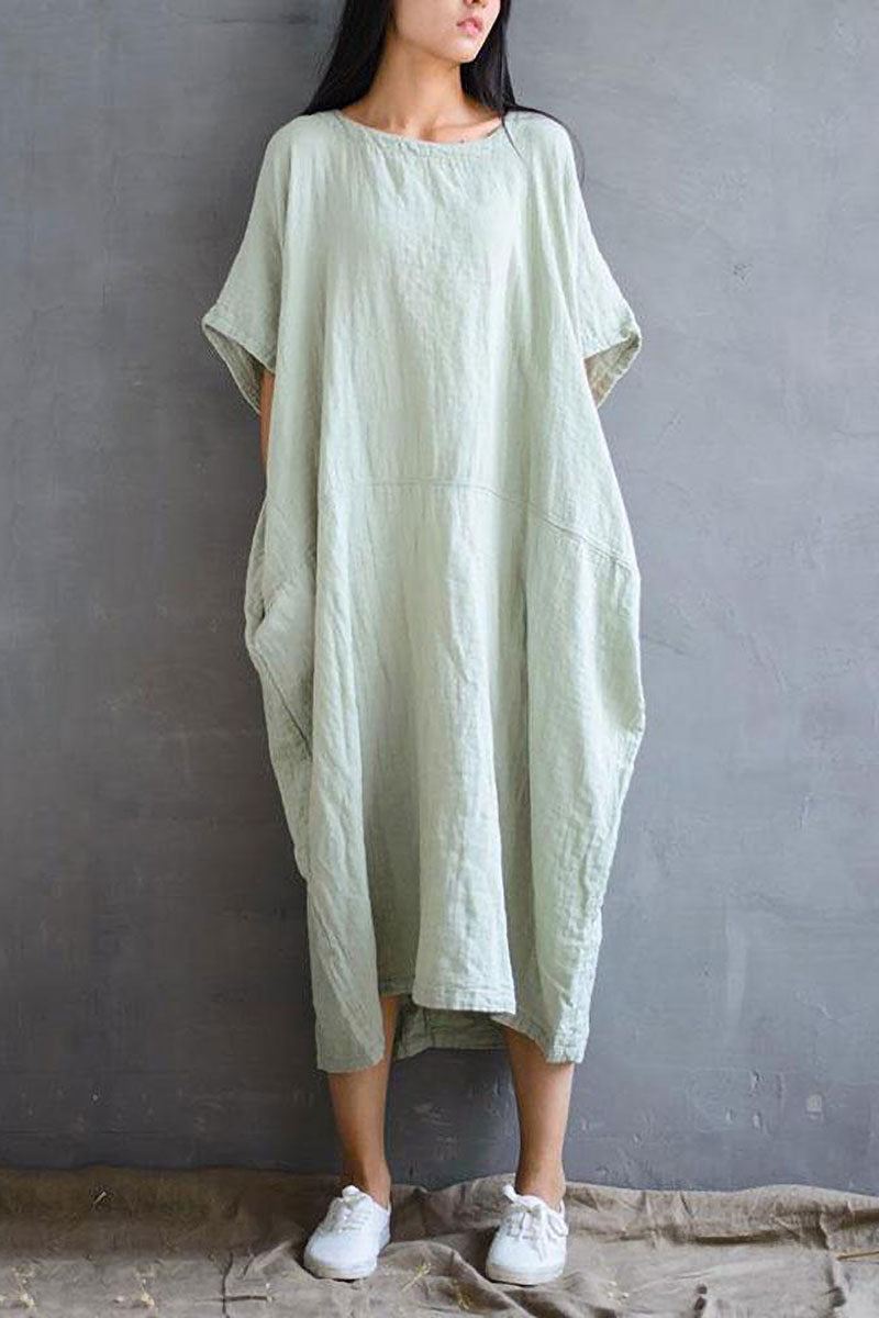 Retro Linen Dress Gown with Pockets